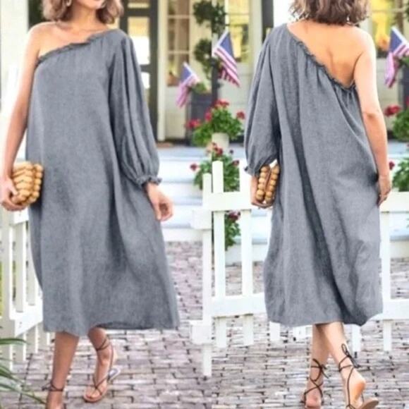 Milly LAKE Blue Chambray Denim Linen One Shoulder Shift Midi Dress SZ S - Picture 2 of 11